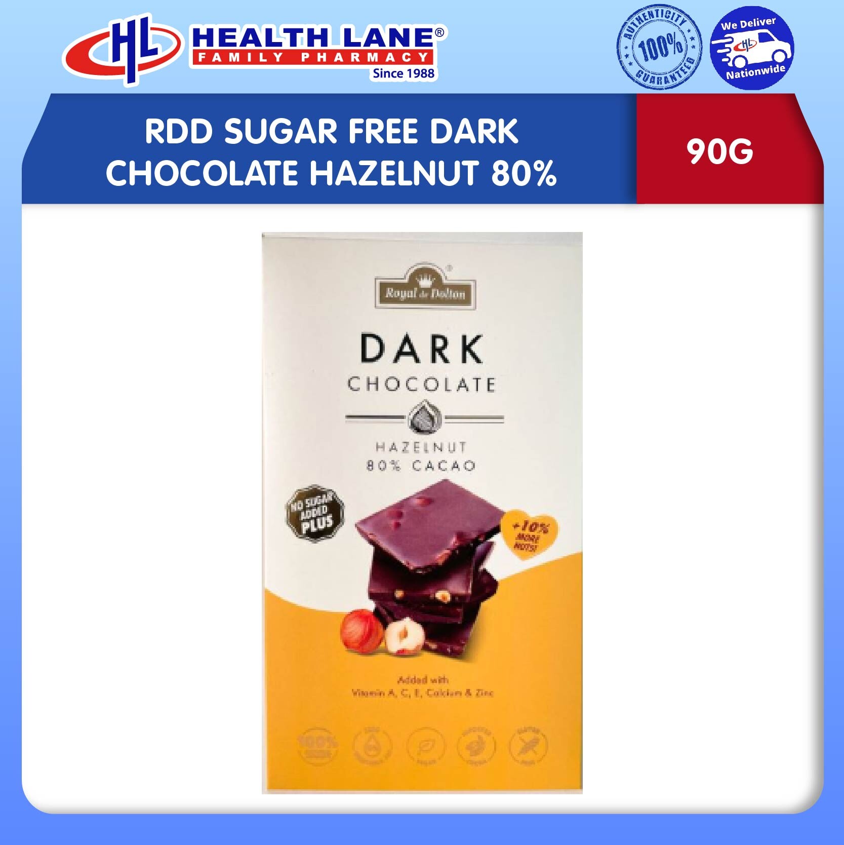 ROYAL DE DOLTON SUGAR FREE DARK CHOCOLATE HAZELNUT 80% (90G)